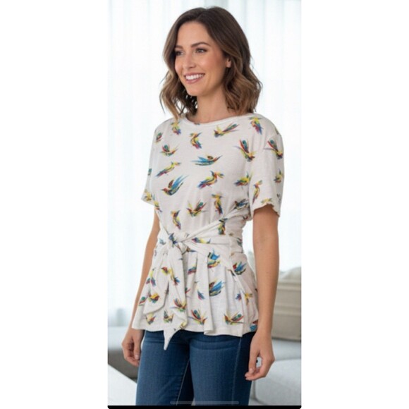 ANTHROPOLOGIE Meadow Rue Multi-Color Bird Tie Front Peplum T-Shirt Tee Top XL - Picture 1 of 5